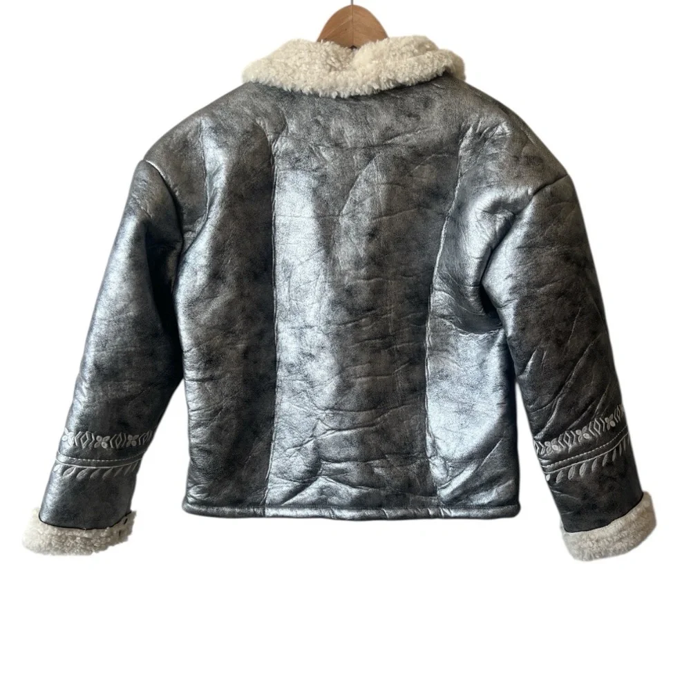 NKN Nekane Gaia Silver Faux Leather Embroidered Aviator Bomber Jacket Small - Picture 7 of 12